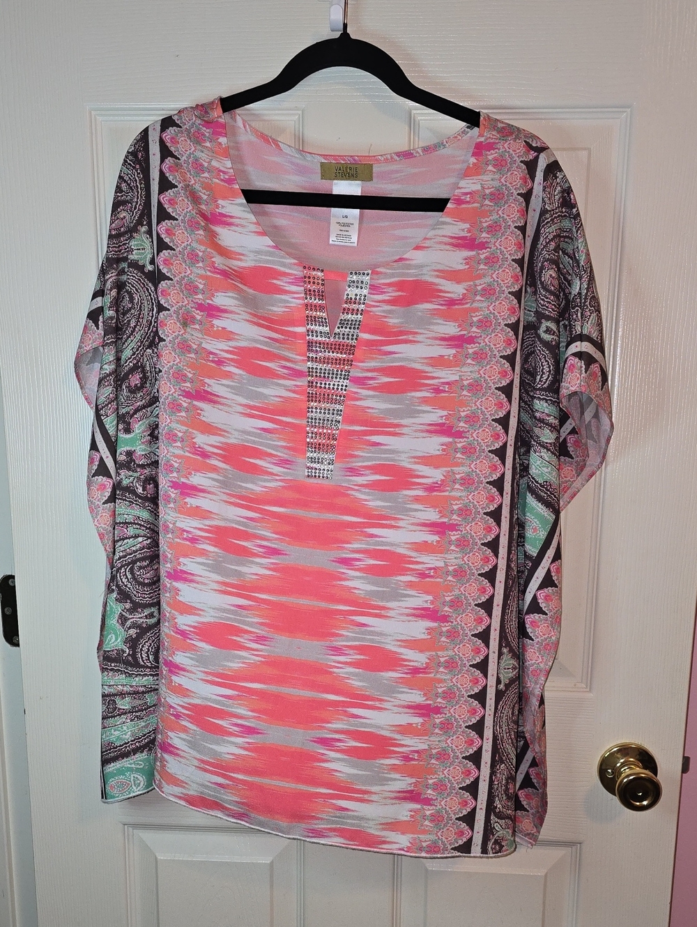 Valerie Stevens Coral, Mint &‎ Gray Paisley-Trim Tunic with Beaded V-Placket